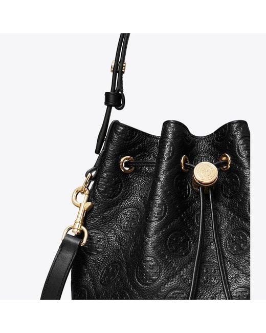 Tory Burch Black T Monogram Pebbled Bucket Bag