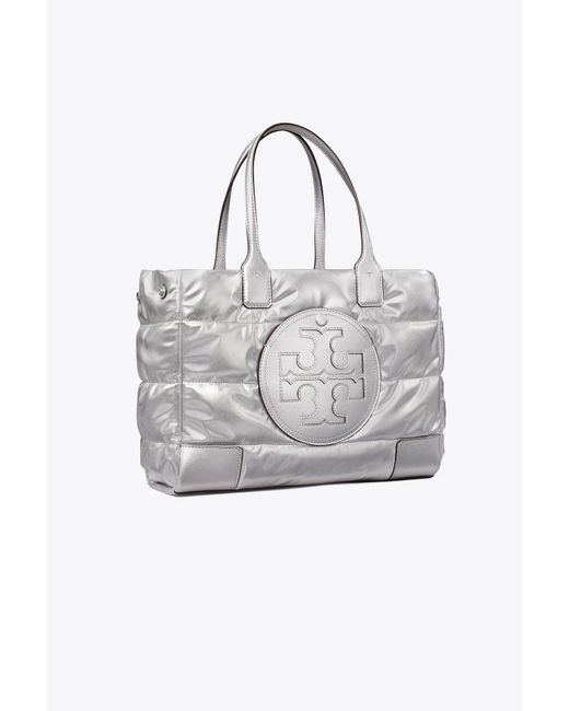 Tory Burch Satin Small Ella Metallic Puffer Tote in Silver (Grey) Lyst Canada
