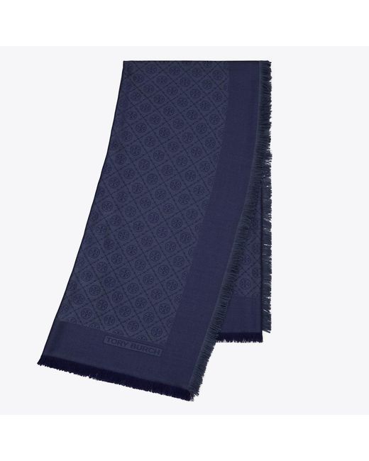 Tory Burch Blue T Monogram Jacquard Traveler Scarf, One Size