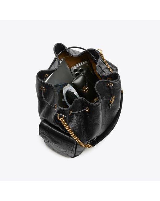 Tory Burch Black Large Charlie Quilted Drawstring Shoulder Bag, One Size