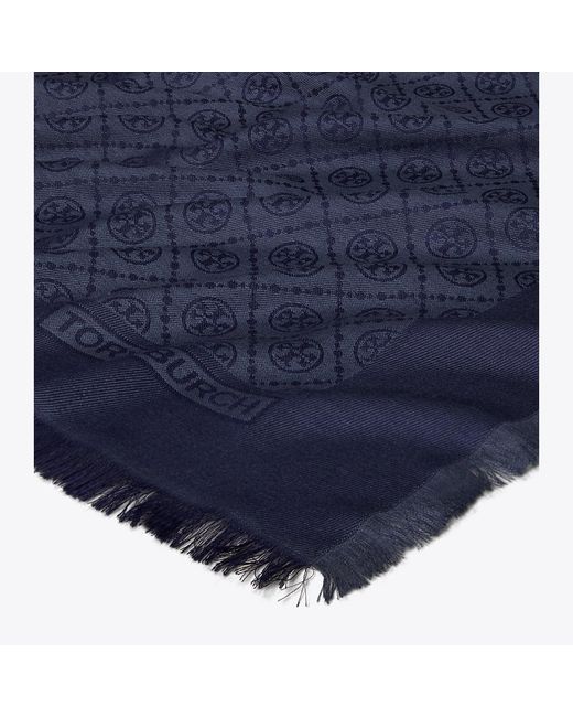 Tory Burch Blue T Monogram Jacquard Traveler Scarf, One Size