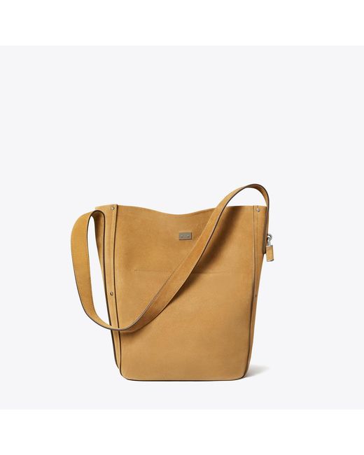 Tory Burch Brown Lock Slim Suede Bucket Bag, One Size