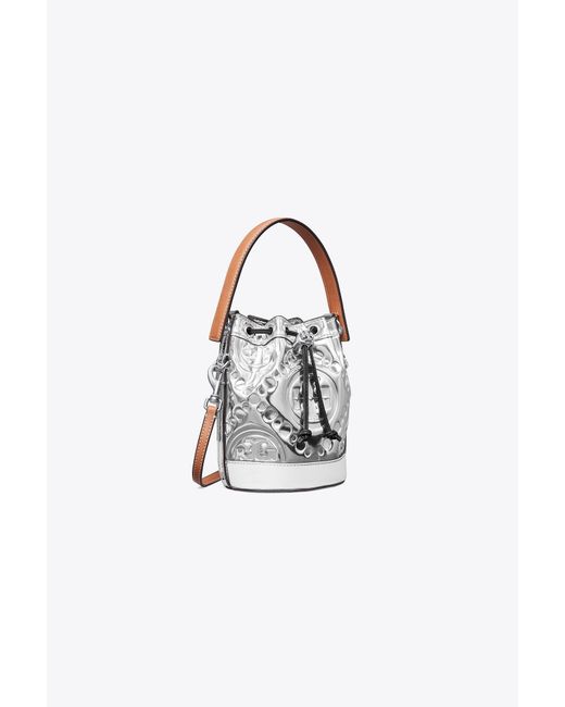 Tory Burch White Mini T Monogram Embossed Metallic Bucket Bag