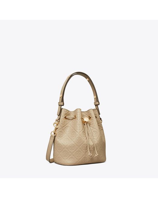 Tory Burch Natural T Monogram Pebbled Bucket Bag, One Size