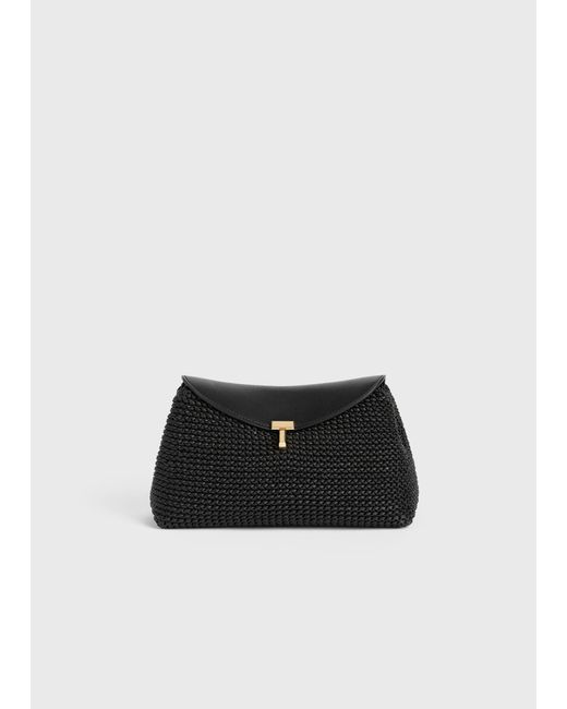 Totême Black T-Lock Woven-Leather Clutch