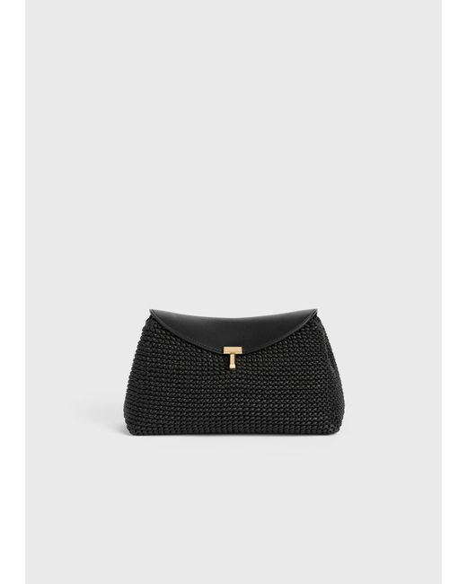 Totême Black T-Lock Woven-Leather Clutch
