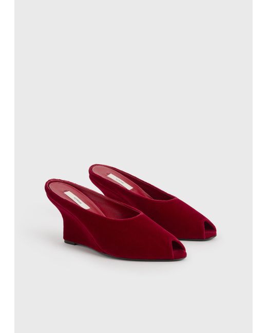 Totême  Red Peep-Toe Velvet Wedge Mules