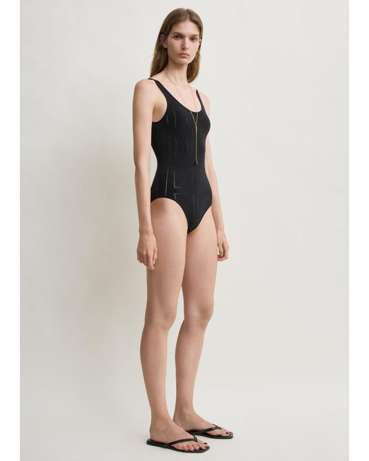 Totême Black Monogram Pointelle Knit Swimsuit