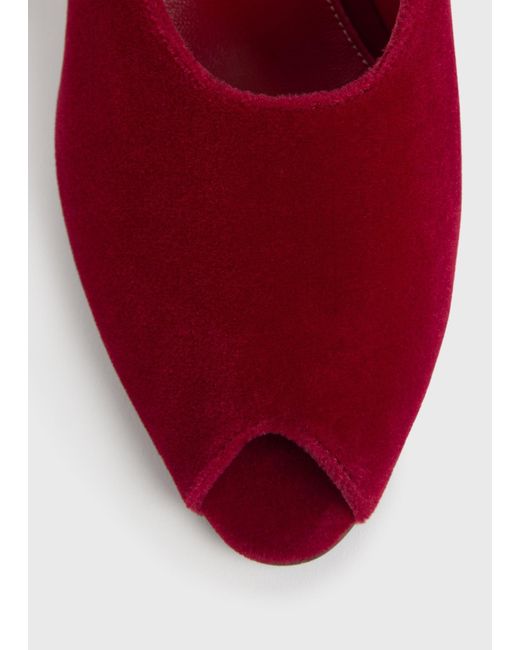 Totême  Red Peep-Toe Velvet Wedge Mules