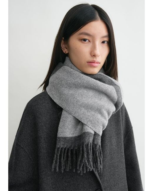 Totême  Gray Monogram Jacquard Wool Scarf Dark Mélange