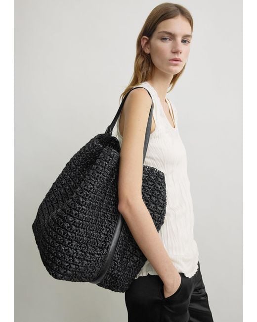 Totême Black Belted Paper Raffia Tote