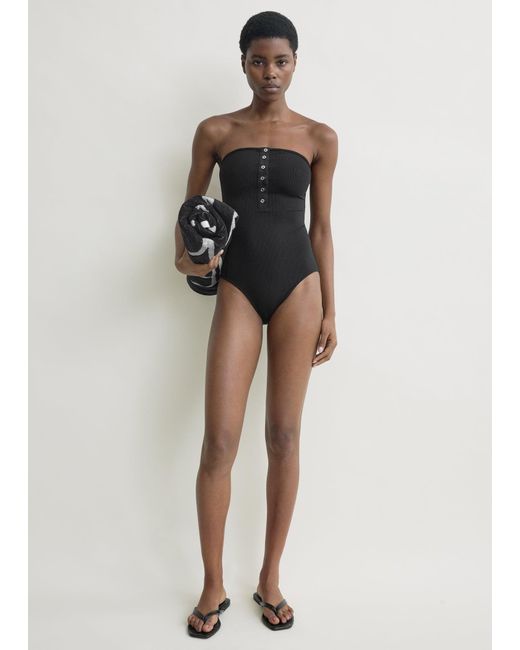 Totême Black Ribbed Strapless Swimsuit