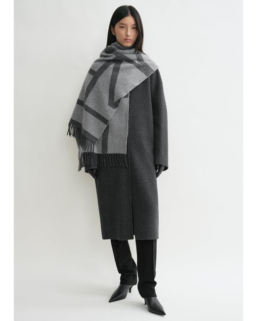 Totême  Gray Monogram Jacquard Wool Scarf Dark Mélange