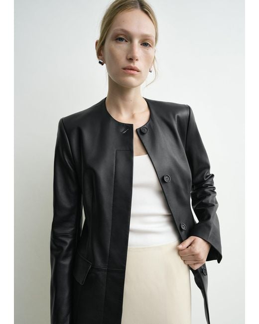 Totême Black Collarless Leather Jacket