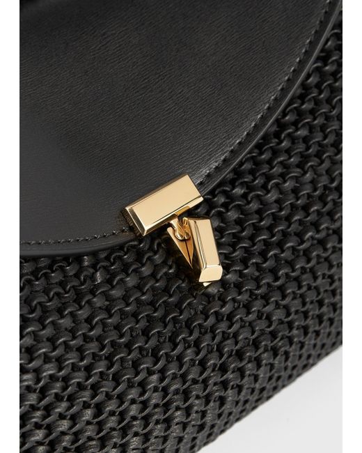 Totême Black T-Lock Woven-Leather Clutch