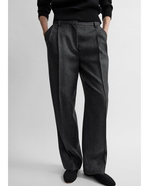 Totême Black Herringbone Double-Pleat Trousers Melange