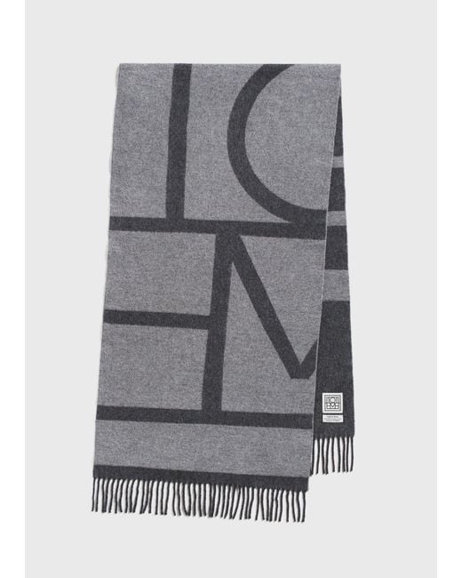 Totême  Gray Monogram Jacquard Wool Scarf Dark Mélange