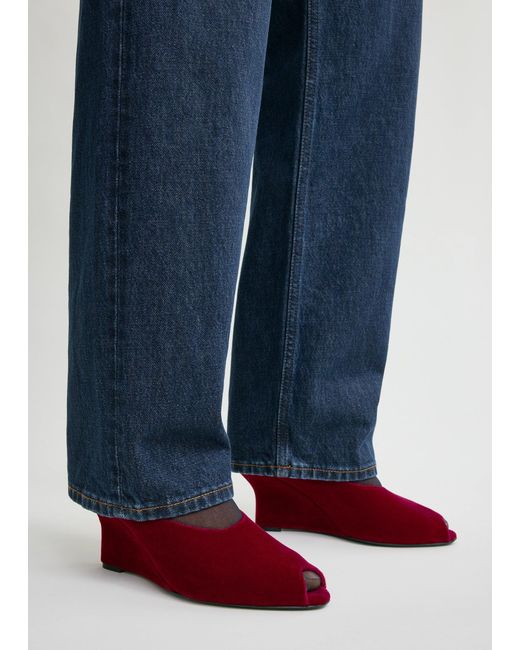 Totême  Red Peep-Toe Velvet Wedge Mules