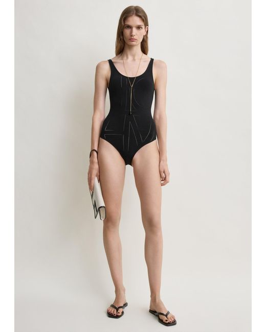 Totême Black Monogram Pointelle Knit Swimsuit