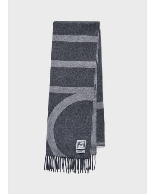 Totême  Gray Monogram Jacquard Wool Scarf Dark Mélange