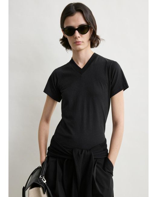 Totême  Black Wide-Ribbed V-Neck Tee