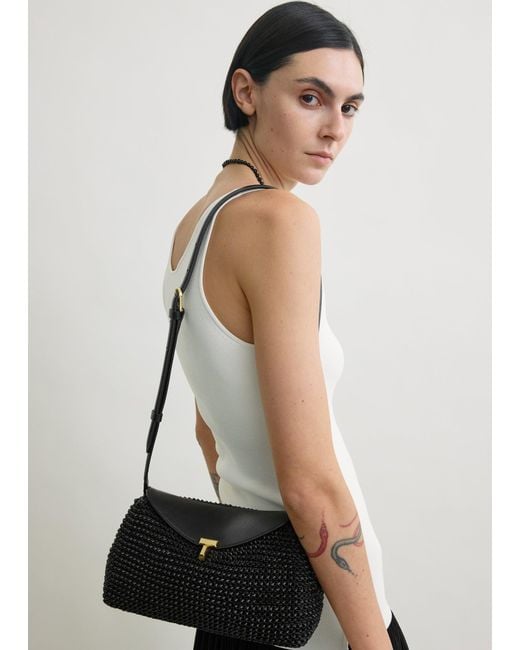 Totême Black T-Lock Woven-Leather Clutch