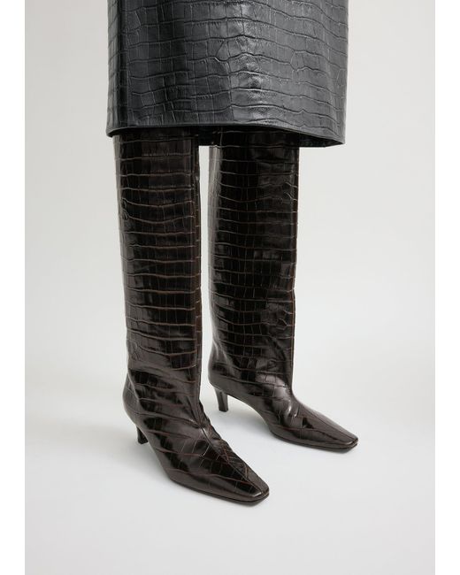 Totême  Black Croco-Embossed Wide Shaft Boots Dark