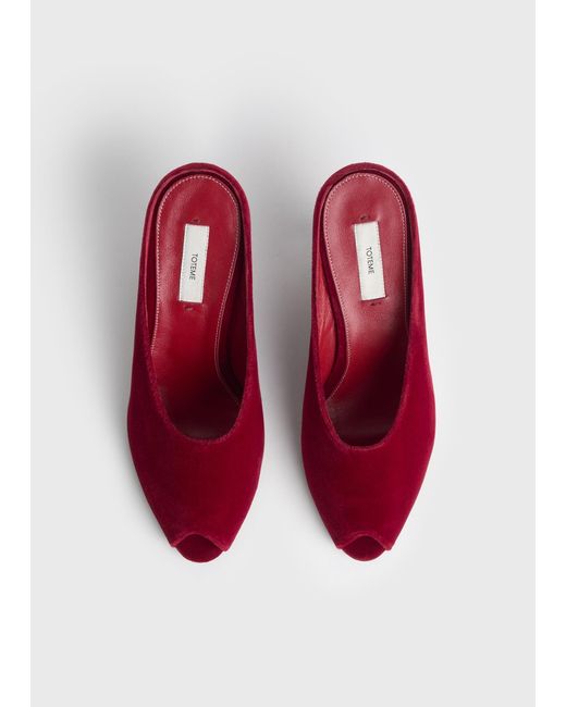 Totême  Red Peep-Toe Velvet Wedge Mules