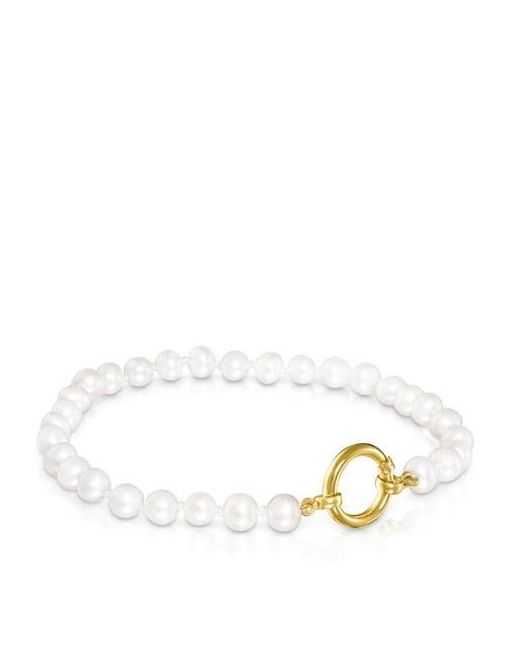 Tous Metallic Gold Hold Bracelet With Pearls