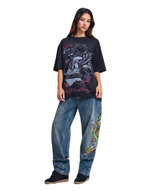 Ed Hardy Blue Brave Hearts True Washed Relaxed T-Shirts