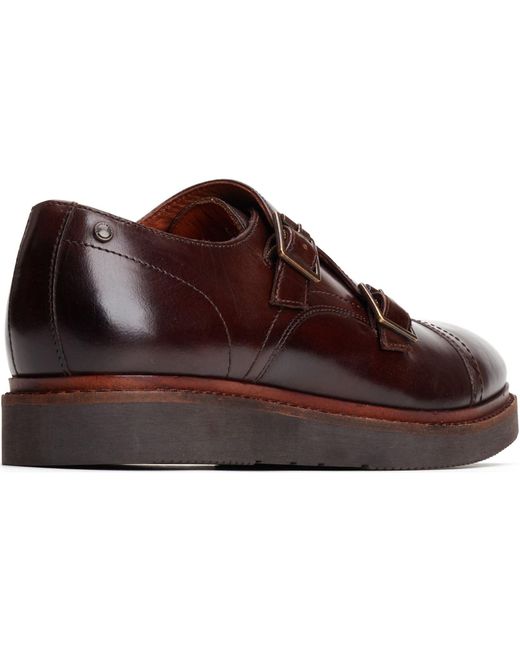 Base London Brown Knight Leather Burnt Double Monk Shoes for men