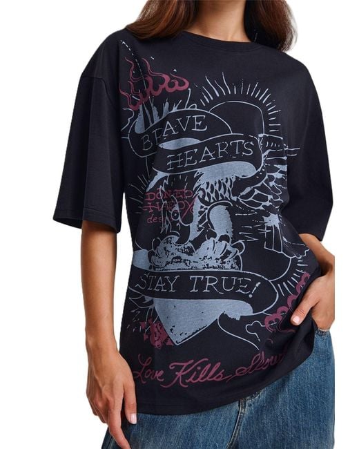 Ed Hardy Blue Brave Hearts True Washed Relaxed T-Shirts