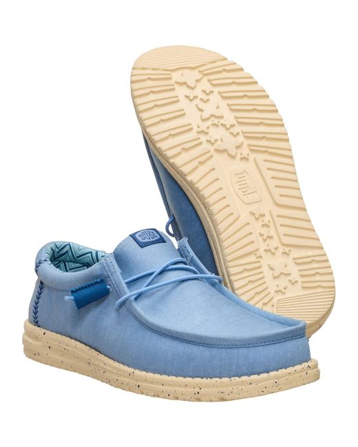 HeyDude Blue Wally Stretch Canvas Textile Faded Denim/Boulder Tan Loafers for men