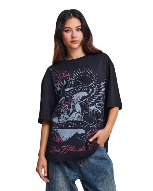 Ed Hardy Blue Brave Hearts True Washed Relaxed T-Shirts