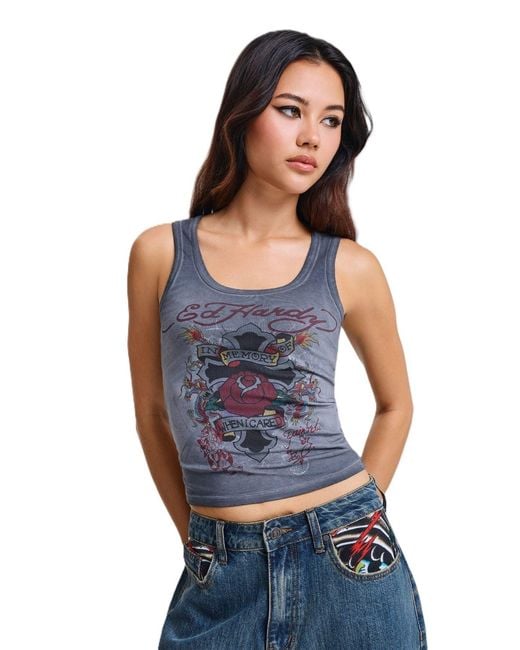 Ed Hardy Blue Memory Of When I Cared Fitted Vest Top