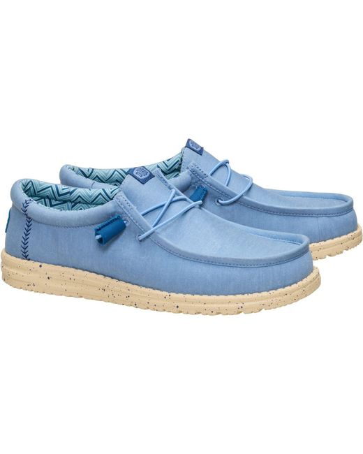 HeyDude Blue Wally Stretch Canvas Textile Faded Denim/Boulder Tan Loafers for men
