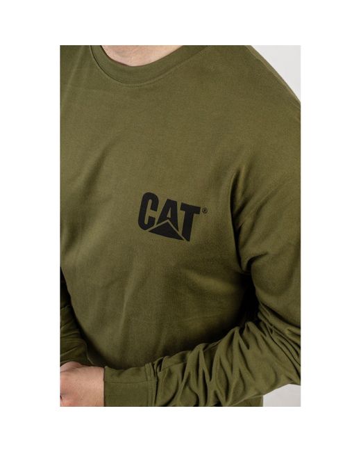 Caterpillar Green Trademark Banner Long Sleeve Cotton T-Shirt for men