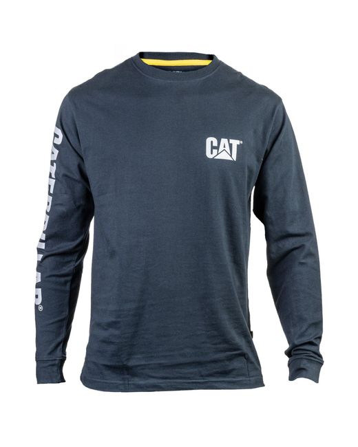 Caterpillar Blue Trademark Banner Long Sleeve Cotton T-Shirt for men