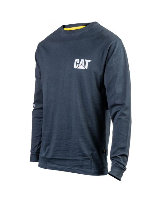 Caterpillar Blue Trademark Banner Long Sleeve Cotton T-Shirt for men