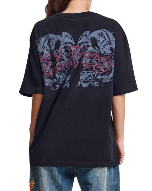 Ed Hardy Blue Brave Hearts True Washed Relaxed T-Shirts