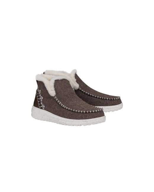 HeyDude Brown Denny Wool Faux Shearling Synthetic Walnut Boots