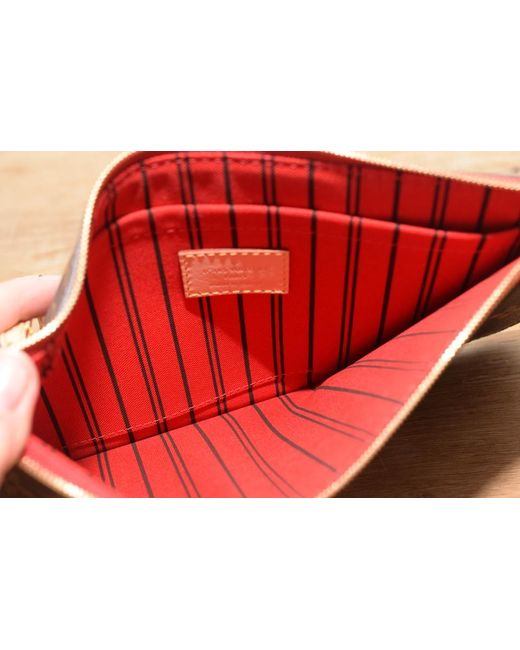 Pochette Neverfull Mm Gm In Interior Monogram With Red Textile Lining Coated Canvas Leather Wristlet