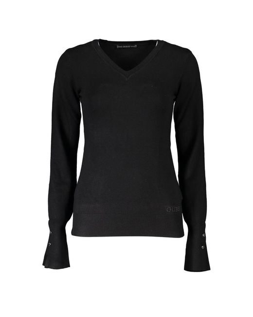 Guess Black Sleek V-Neck Embroidered Sweater