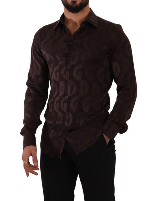 Dolce & Gabbana Black Bordeaux Gold Logo Silk Slim Fit Shirt for men