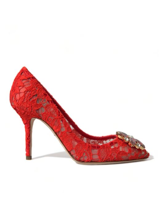 Dolce & Gabbana Red Taormina Lace Crystal Heels Pumps Shoes