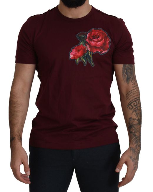 Dolce & Gabbana Red Bordeaux Roses Cotton Crewneck T-shirt for men
