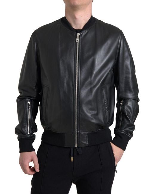 Dolce & Gabbana Black Leather Full Zip Bomberjacket for men