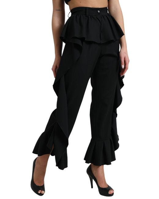 Dolce & Gabbana Black Wool Ruffle High Waist Wide Leg Pants