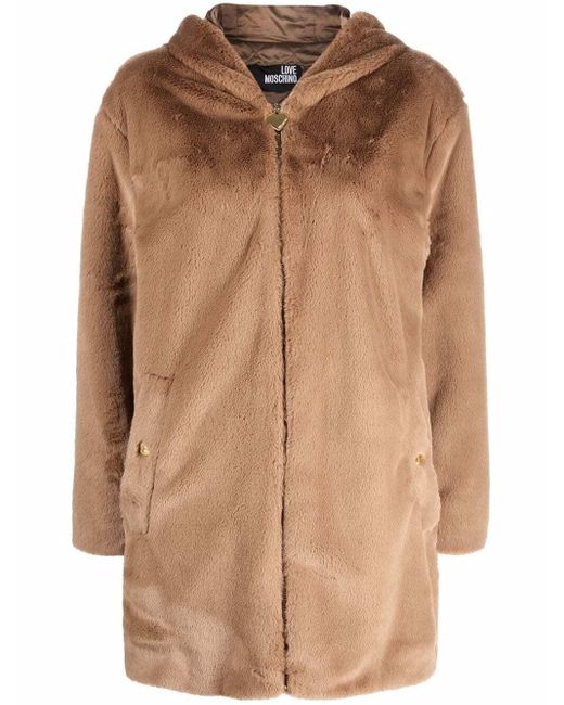 Love Moschino Brown Beige Faux Fur Hooded Coat With Zip Closure