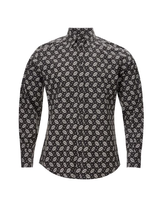 Dolce & Gabbana Gray Black Cotton Shirt With Micro Floral White Print for men